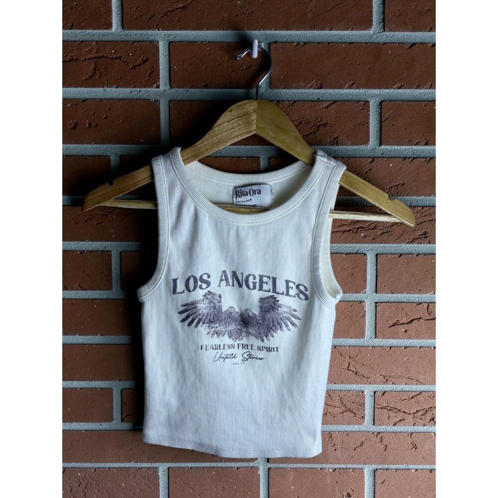 Rita Ora x Primark Los Angeles Ribbed Tank Top Womens Small Graphic Crop White